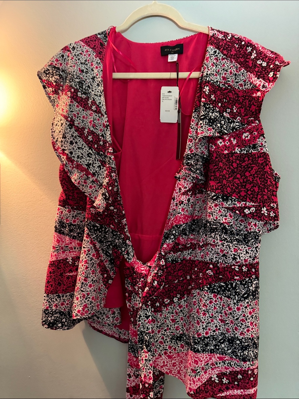 Ava & Aiden Pink Black Floral Ruffle Tie-Front Tunic